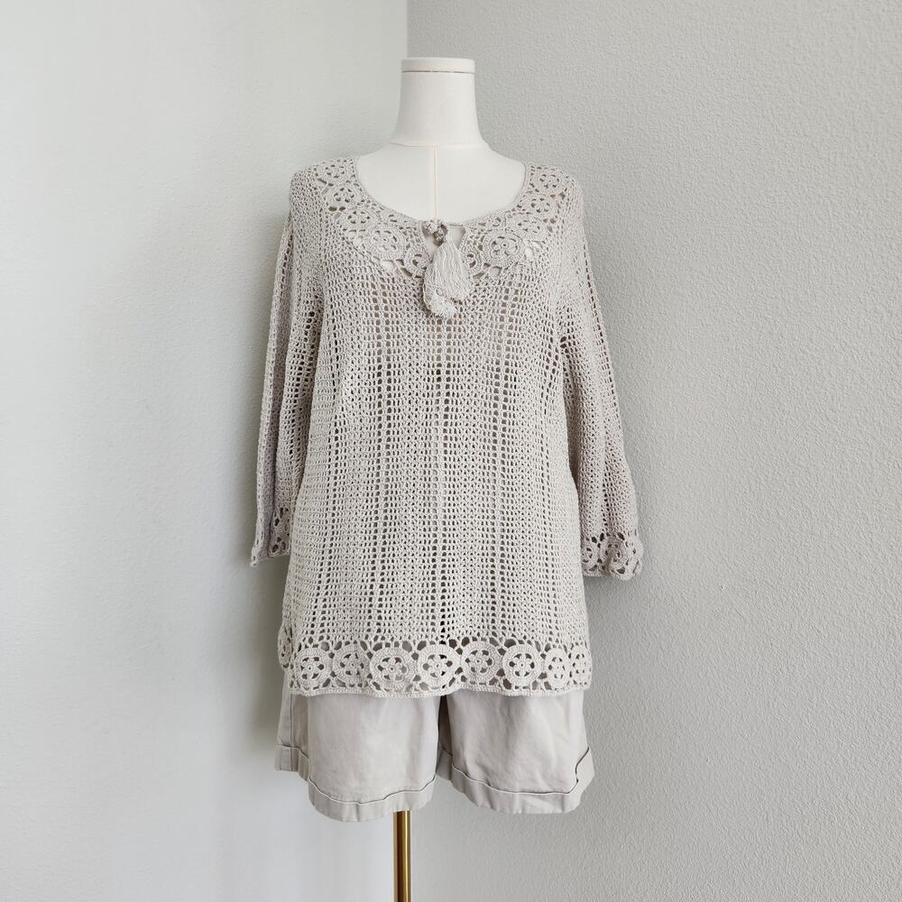 Vintage Y2K Cream Crochet Floral Trim Tie Neck Top Boho Cottagecore Plus Size XL
